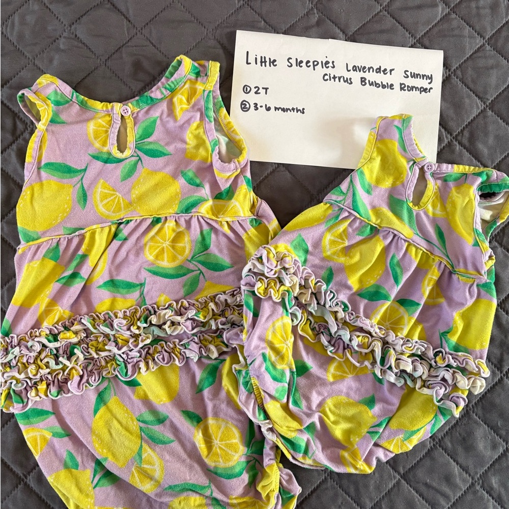 Little Sleepies Lavender Sunny Citrus Bubble Rompers 2T & 3-6 mo